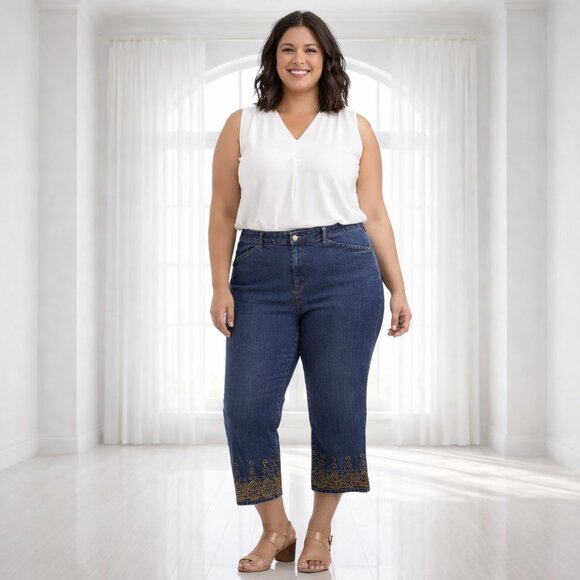 bill blass Denim - Bill Blass Stretch Jeans Size 14 Embroidered Hem Cropped Denim Boho Chic Pants